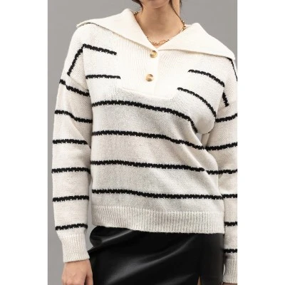 August Sky Women's Nautical Breton Stripe Shawl Collar Sweater 2 August Sky Women's Nautical Breton Stripe Shawl Collar Sweater - Image 2