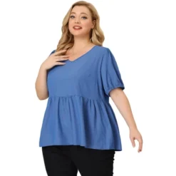Agnes Orinda Women's Plus Size Blouse Short Sleeve V Neck Chambray Peplum Top -Avenue Sale Store GUEST 01d83e99 2569 4bb1 9492 1254e92e9656