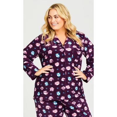 Women's Plus Size Button Owl Sleep Top - Plum | AVENUE 3 Women's Plus Size Button Owl Sleep Top - Plum | AVENUE - Image 3