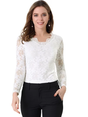 Allegra K Women's Floral Embroidery Sheer Long Sleeves Lace Blouse 10 Allegra K Women's Floral Embroidery Sheer Long Sleeves Lace Blouse - Image 10