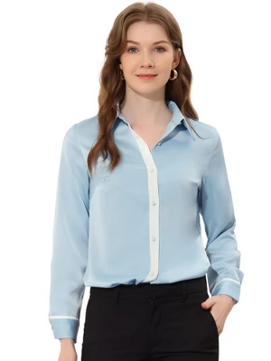 Allegra K Women's Work Office Blouse Contrast Trim Button Down Satin Shirt 5 Allegra K Women's Work Office Blouse Contrast Trim Button Down Satin Shirt - Image 5