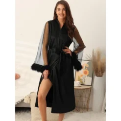 Cheibear Women's Satin Robe Feather Trim Bridesmaid Bathrobe Mesh Long Sleeve Bridal Party Sleepwear