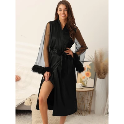 Cheibear Women's Satin Robe Feather Trim Bridesmaid Bathrobe Mesh Long Sleeve Bridal Party Sleepwear 1 Cheibear Women's Satin Robe Feather Trim Bridesmaid Bathrobe Mesh Long Sleeve Bridal Party Sleepwear