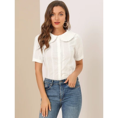 Allegra K Women's Peter Pan Collar Swiss Dots Short Sleeves Button Front Shirt 2 Allegra K Women's Peter Pan Collar Swiss Dots Short Sleeves Button Front Shirt - Image 2