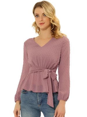 Allegra K Women's Swiss Dots Blouse V Neck Long Sleeve Tie Waist Peplum Shirt 7 Allegra K Women's Swiss Dots Blouse V Neck Long Sleeve Tie Waist Peplum Shirt - Image 7