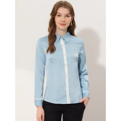 Allegra K Women's Work Office Blouse Contrast Trim Button Down Satin Shirt 1 Allegra K Women's Work Office Blouse Contrast Trim Button Down Satin Shirt