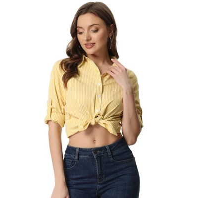 Allegra K Women's Striped Button Down Roll-up Long Sleeves Point Collar Shirt 14 Allegra K Women's Striped Button Down Roll-up Long Sleeves Point Collar Shirt - Image 14