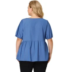 Agnes Orinda Women's Plus Size Blouse Short Sleeve V Neck Chambray Peplum Top -Avenue Sale Store GUEST 13247201 9b0e 4267 8bc8 c53f4f72e7e0