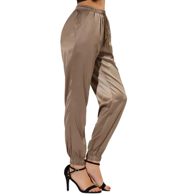 Allegra K Women's Drawstring Elastic Waist Athleisure Pants Ankle Length Satin Joggers With Pocket 9 Allegra K Women's Drawstring Elastic Waist Athleisure Pants Ankle Length Satin Joggers With Pocket - Image 9