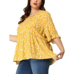 Agnes Orinda Women's Plus Size V Neck Floral Tiered Babydoll Blouses
