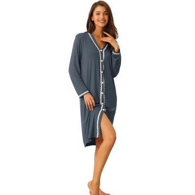 Cheibear Womens Button Down V Neck Long Sleeve Pajama Nightshirt Dress 9 Cheibear Womens Button Down V Neck Long Sleeve Pajama Nightshirt Dress - Image 9