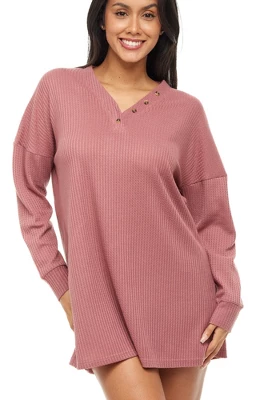 Women's Soft Ribbed Waffle Rib Knit Oversized Sleep Shirt, V-neck Night Shirt Sweater Top 9 Women's Soft Ribbed Waffle Rib Knit Oversized Sleep Shirt, V-neck Night Shirt Sweater Top - Image 9