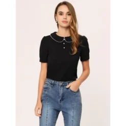 Allegra K Women's Peter Pan Collar Contrast Trim Puff Short Sleeve Summer Blouse Top