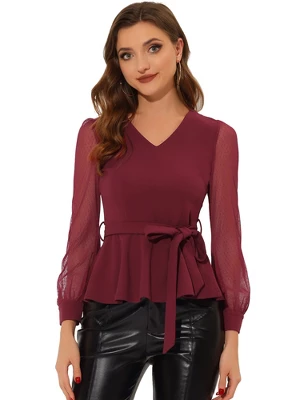 Allegra K Tie Waist Peplum Top For Women's Ruffle Hem Party V Neck Mesh Long Sleeve Blouse 5 Allegra K Tie Waist Peplum Top For Women's Ruffle Hem Party V Neck Mesh Long Sleeve Blouse - Image 5