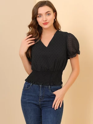 Allegra K Women's V Neck Short Puff Sleeve Swiss Dots Smocked Waist Summer Blouse 3 Allegra K Women's V Neck Short Puff Sleeve Swiss Dots Smocked Waist Summer Blouse - Image 3
