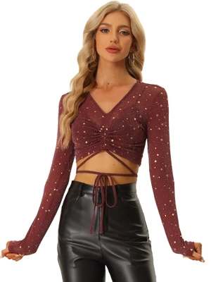 Allegra K Party Tops For Women's Long Sleeve Mesh Sheer Self-tie Shimmer Blouse 6 Allegra K Party Tops For Women's Long Sleeve Mesh Sheer Self-tie Shimmer Blouse - Image 6