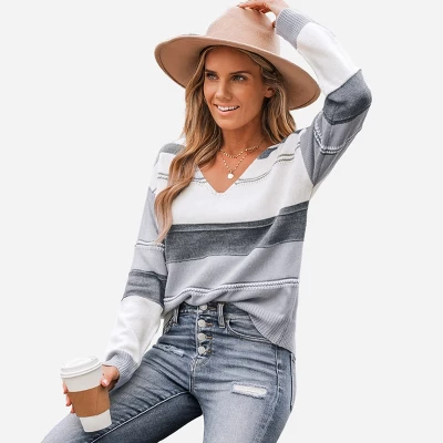 Women's Striped Colorblock V-Neck Sweater - Cupshe 7 Women's Striped Colorblock V-Neck Sweater - Cupshe - Image 7