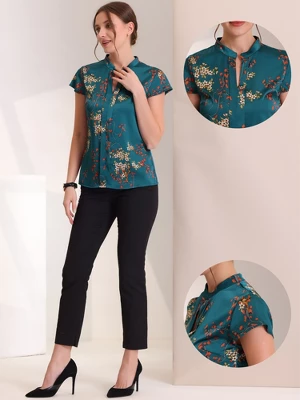 Allegra K Women's Satin Stand Collar Work Cap Sleeve Floral Blouse 1 Allegra K Women's Satin Stand Collar Work Cap Sleeve Floral Blouse