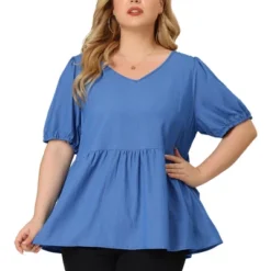 Agnes Orinda Women's Plus Size Blouse Short Sleeve V Neck Chambray Peplum Top -Avenue Sale Store GUEST 22b896f7 6d51 466c 872b 938f9d7afdb1