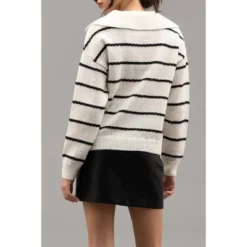 August Sky Women's Nautical Breton Stripe Shawl Collar Sweater