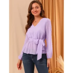 Allegra K Women's Swiss Dots Blouse V Neck Long Sleeve Tie Waist Peplum Shirt