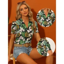 Allegra K Women's Summer Tropical Floral Printed Tops Short Sleeve V Neck Blouse
