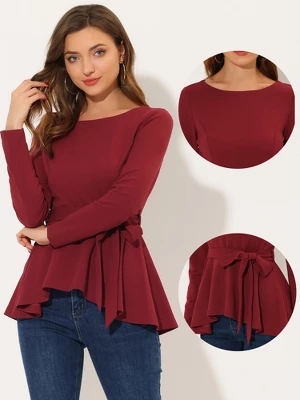 Allegra K Women's Ruffle Peplum Top Elegant Long Sleeve Self Tie Waist Work Blouse Shirt 1 Allegra K Women's Ruffle Peplum Top Elegant Long Sleeve Self Tie Waist Work Blouse Shirt