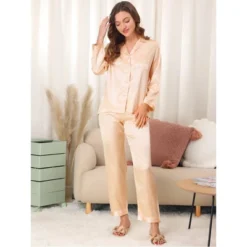 Allegra K Women's Satin Button Down Sleepshirt With Pants Halloween Pajama Set