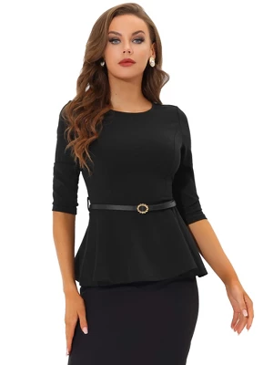 Allegra K Women's 3/4 Sleeve Belted Elegant Business Work Peplum Top 6 Allegra K Women's 3/4 Sleeve Belted Elegant Business Work Peplum Top - Image 6