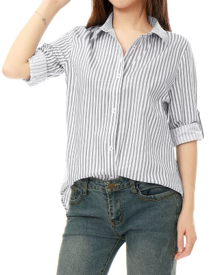 Allegra K Women's Striped Button Down Roll-up Long Sleeves Point Collar Shirt 13 Allegra K Women's Striped Button Down Roll-up Long Sleeves Point Collar Shirt - Image 13