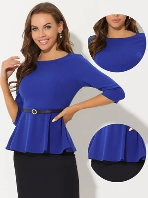 Allegra K Women's 3/4 Sleeve Belted Elegant Business Work Peplum Top 1 Allegra K Women's 3/4 Sleeve Belted Elegant Business Work Peplum Top