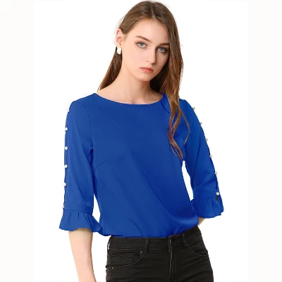 Allegra K Women's Ruffle Half Sleeve Casual Tops Button Solid Blouse Top 3 Allegra K Women's Ruffle Half Sleeve Casual Tops Button Solid Blouse Top - Image 3