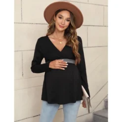 YesFashion Women’s Maternity Shirts Long Sleeve Nursing Tops V Neck Patchwork Breastfeeding Shirts Pregnancy Clothes