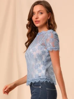 Allegra K Women's Lace Floral Scalloped Trim Short Sleeve Semi Sheer Top