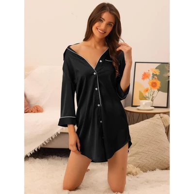 Cheibear Women's Button Down 3/4 Sleeve Mini Nightshirt Dress 1 Cheibear Women's Button Down 3/4 Sleeve Mini Nightshirt Dress