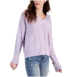 Hippie Rose Womens Cable-Knit Hoodie Sweatshirt, Purple, Medium