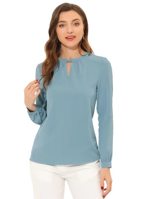 Allegra K Women's Choker V Neck Keyhole Long Sleeve Elegant Blouse 6 Allegra K Women's Choker V Neck Keyhole Long Sleeve Elegant Blouse - Image 6