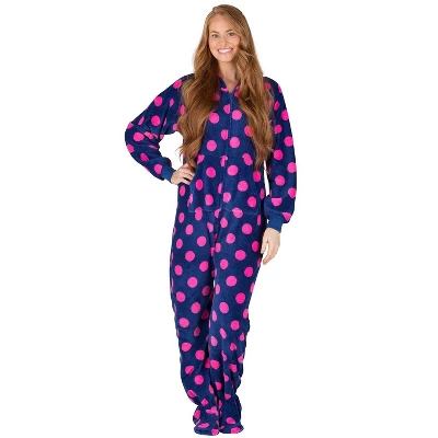 Footed Pajamas - Navy Pink Polka Adult Hoodie Chenille Onesie 1 Footed Pajamas - Navy Pink Polka Adult Hoodie Chenille Onesie