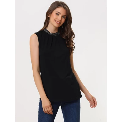 Allegra K Women's Sequin Neck Sleeveless Casual Pleated Front Blouse Top 3 Allegra K Women's Sequin Neck Sleeveless Casual Pleated Front Blouse Top - Image 3