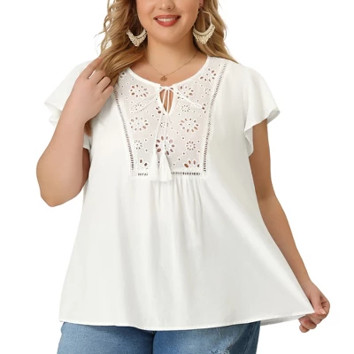 Agnes Orinda Women's Plus Size Blouse Ruffle Sleeve Lace Trim Tie Neck Peasant Top 1 Agnes Orinda Women's Plus Size Blouse Ruffle Sleeve Lace Trim Tie Neck Peasant Top