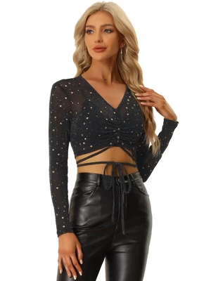 Allegra K Party Tops For Women's Long Sleeve Mesh Sheer Self-tie Shimmer Blouse 5 Allegra K Party Tops For Women's Long Sleeve Mesh Sheer Self-tie Shimmer Blouse - Image 5