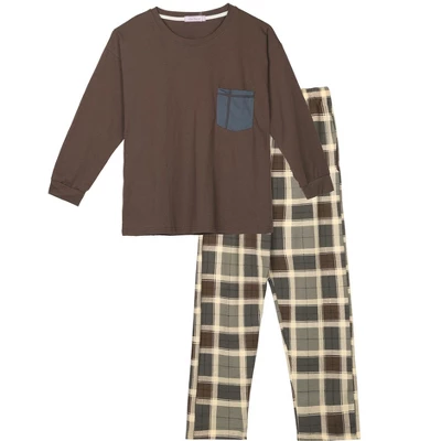 Cheibear Sleepwear Long Sleeve With Pants Brown Plaid Family Pajama Sets 1 Cheibear Sleepwear Long Sleeve With Pants Brown Plaid Family Pajama Sets