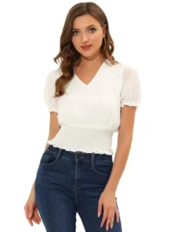 Allegra K Women's V Neck Short Puff Sleeve Swiss Dots Smocked Waist Summer Blouse 13 Allegra K Women's V Neck Short Puff Sleeve Swiss Dots Smocked Waist Summer Blouse -Avenue Sale Store GUEST 4616b308 b3d9 40d5 a4ca a4fd57d5f746