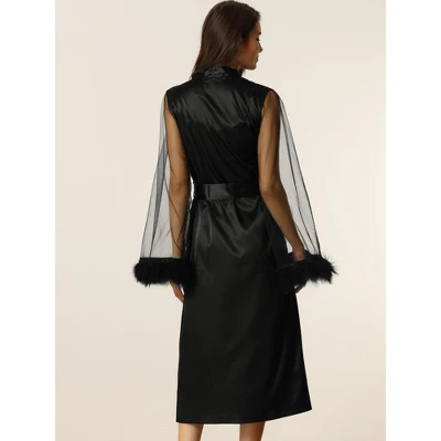 Cheibear Women's Satin Robe Feather Trim Bridesmaid Bathrobe Mesh Long Sleeve Bridal Party Sleepwear 2 Cheibear Women's Satin Robe Feather Trim Bridesmaid Bathrobe Mesh Long Sleeve Bridal Party Sleepwear - Image 2