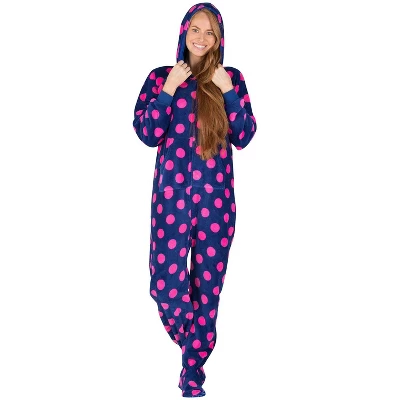 Footed Pajamas - Navy Pink Polka Adult Hoodie Chenille Onesie 2 Footed Pajamas - Navy Pink Polka Adult Hoodie Chenille Onesie - Image 2