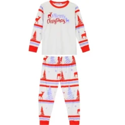 Cheibear Christmas Sleepwear Long Sleeve Tee With Pants Lounge Holiday Family Pajama Sets Red-White