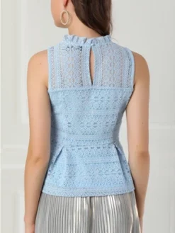 Allegra K Women's Ruffle Neck Keyhole Back Sleeveless Floral Lace Peplum Blouses