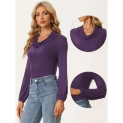 Allegra K Women's Lantern Sleeves Cowl Neck Casual Draped Ruched Blouse