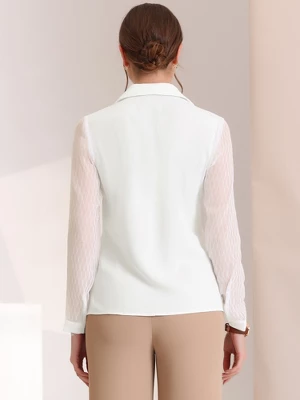 Allegra K Women's Point Collar V Neck Mesh Sleeve Button Down Work Office Shirt 2 Allegra K Women's Point Collar V Neck Mesh Sleeve Button Down Work Office Shirt - Image 2