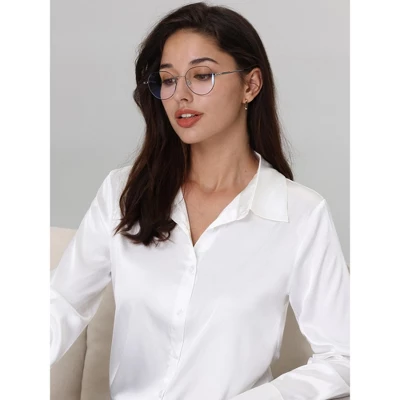 Hobemty Women's Point Collar Long Sleeves Button Down Satin Work Shirt 3 Hobemty Women's Point Collar Long Sleeves Button Down Satin Work Shirt - Image 3